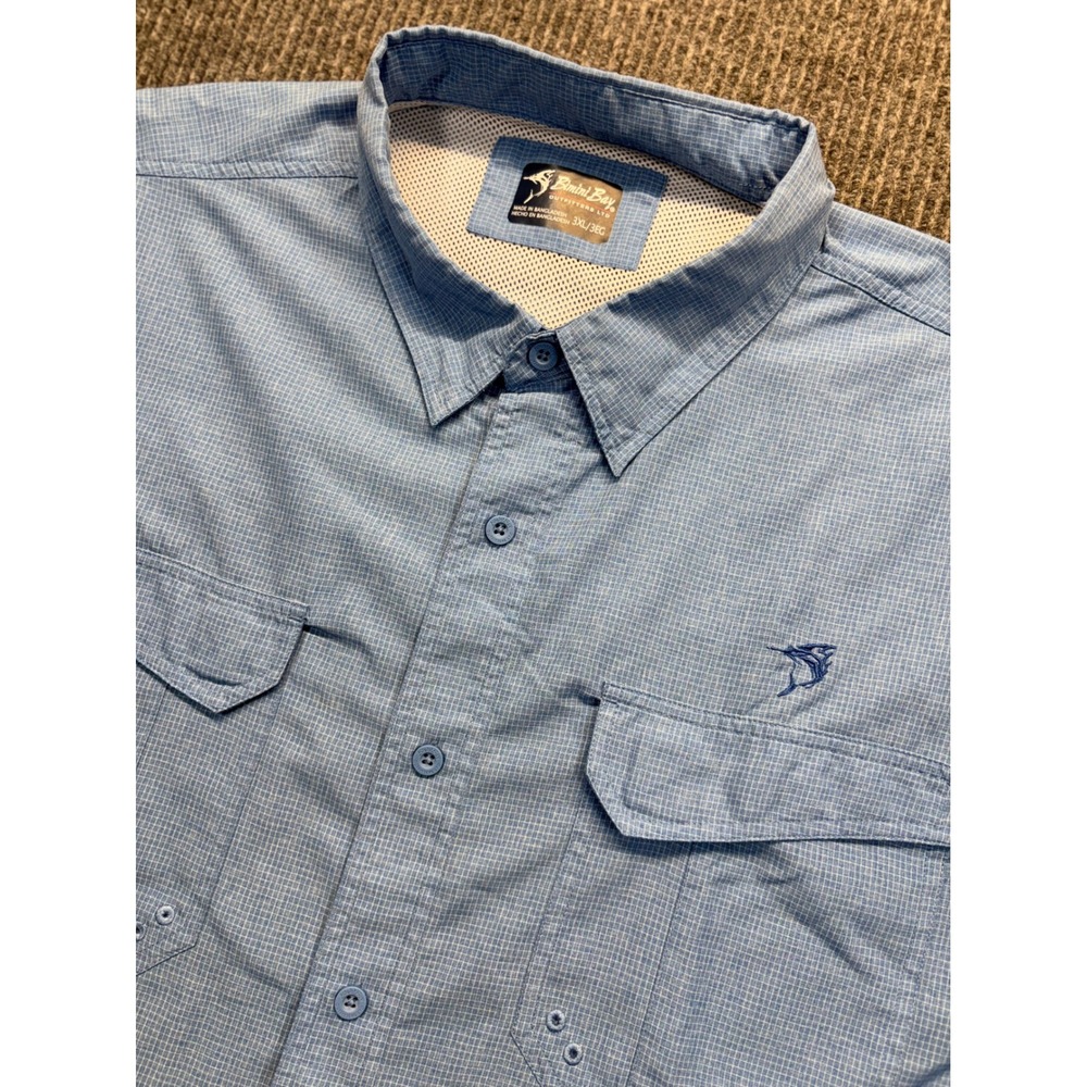 Bimini Bay Outfitters Mens 3XL Blue Micro Grid Short Sleeve Fishing Shirt Logo